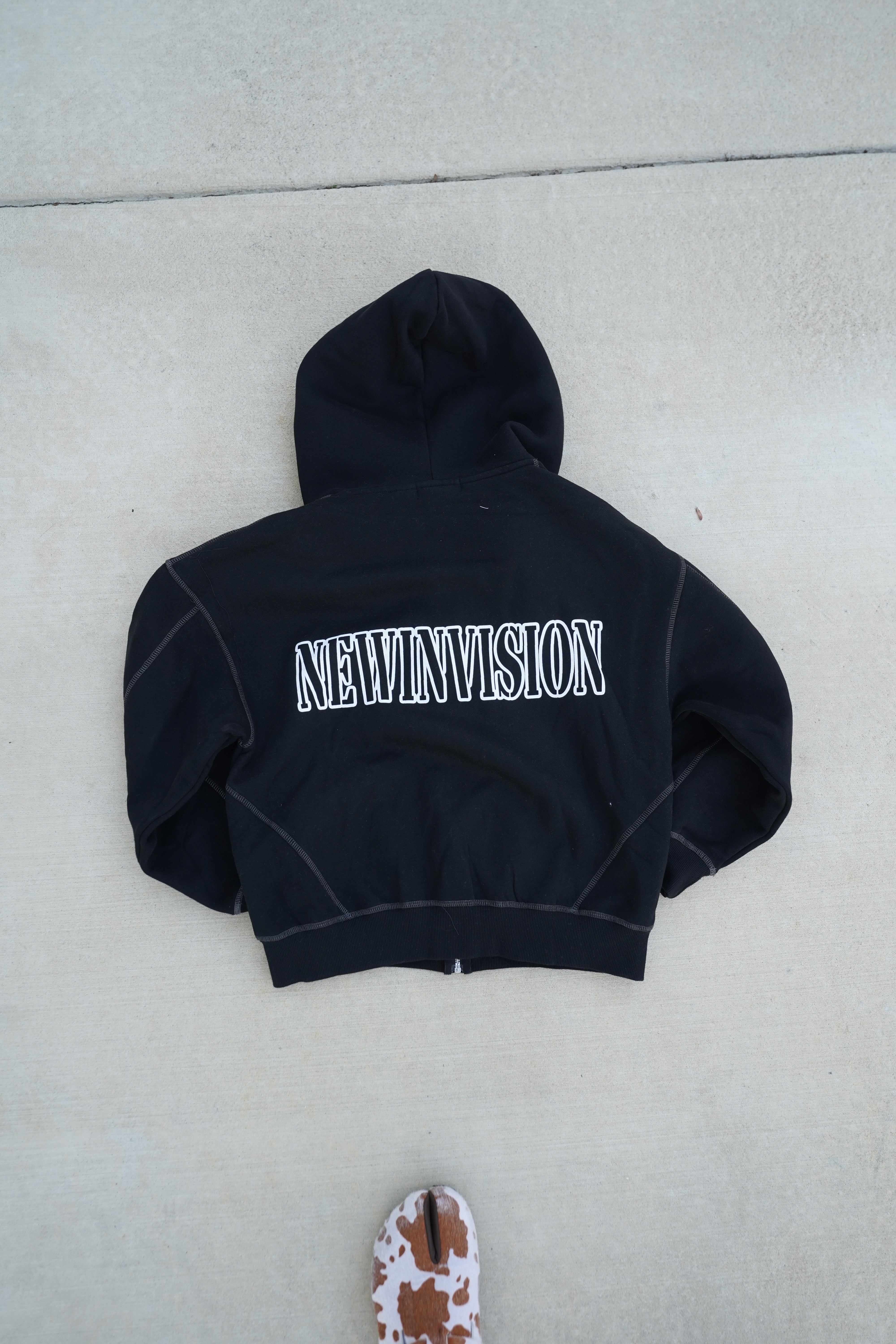 NewInVision-Stitched Boxy Fleece Zip Hoodie