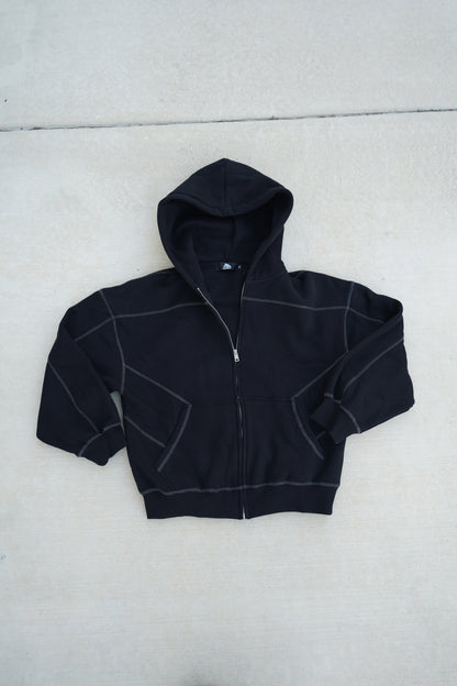 NewInVision-Stitched Boxy Fleece Zip Hoodie