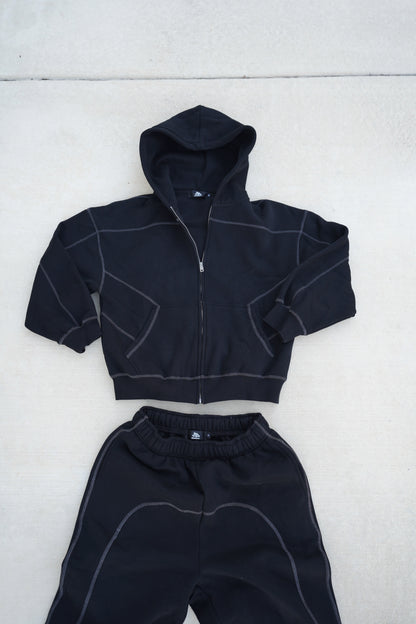 NewInVision-Stitched Boxy Fleece Zip Hoodie