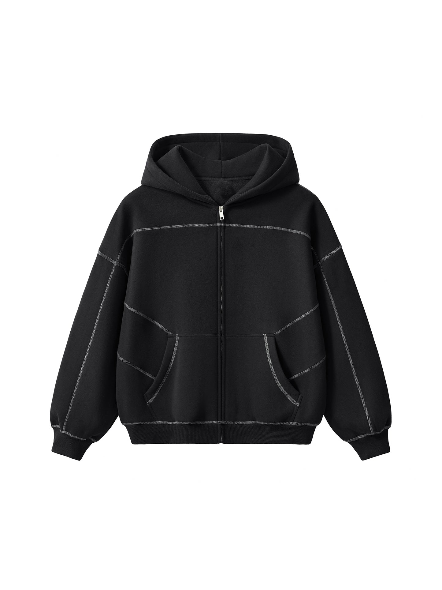 NewInVision-Stitched Boxy Fleece Zip Hoodie